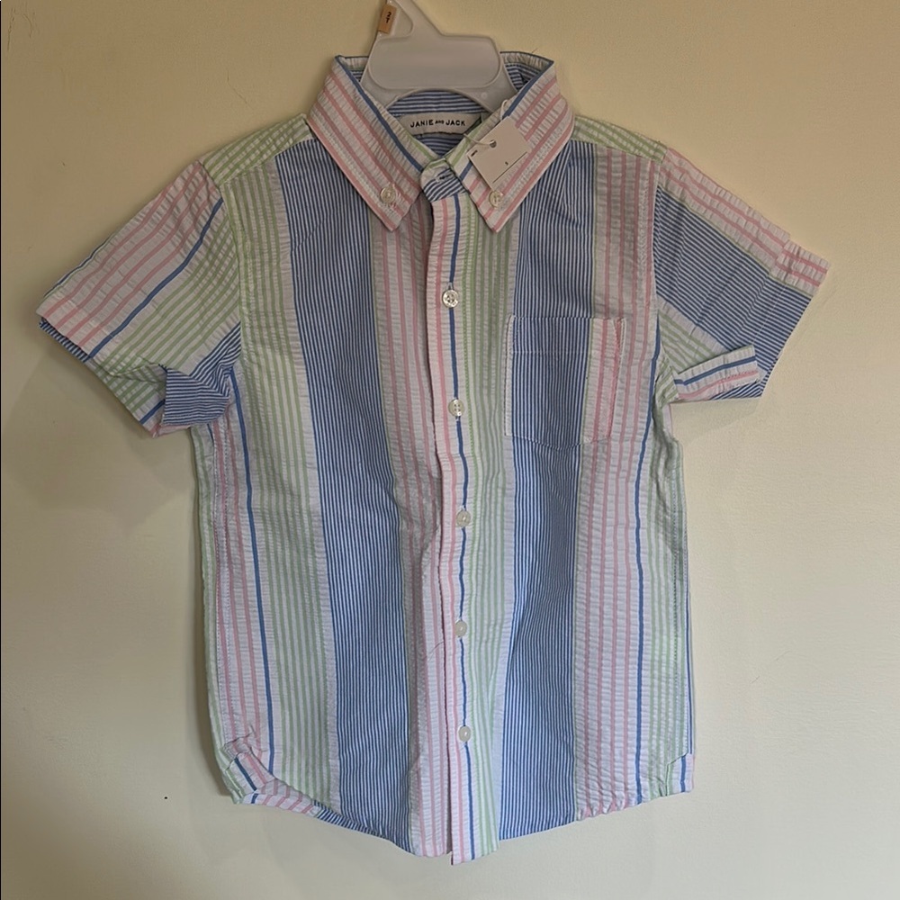 Janie and Jack Blue and Pink Button Down Shirt with Stripes size 5 NWT